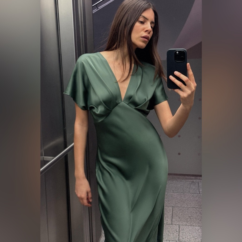 Zara dress midi dark sage emerald green short sleeve satin evening wedding